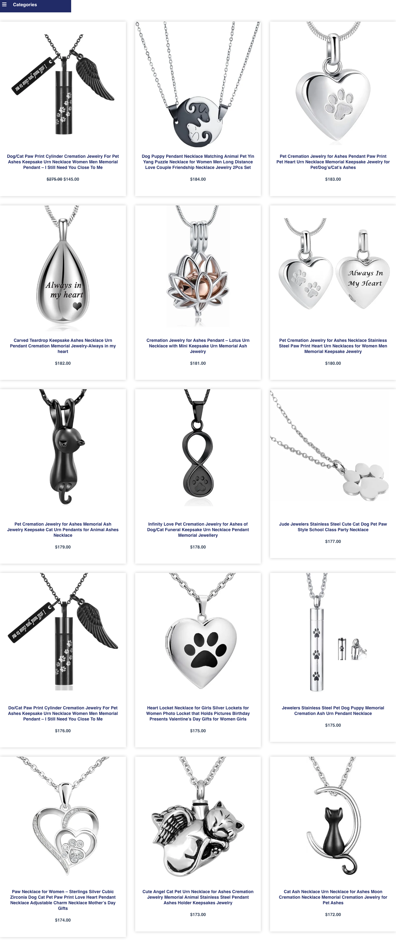 View-only catalog of pet cremation necklace keepsakes