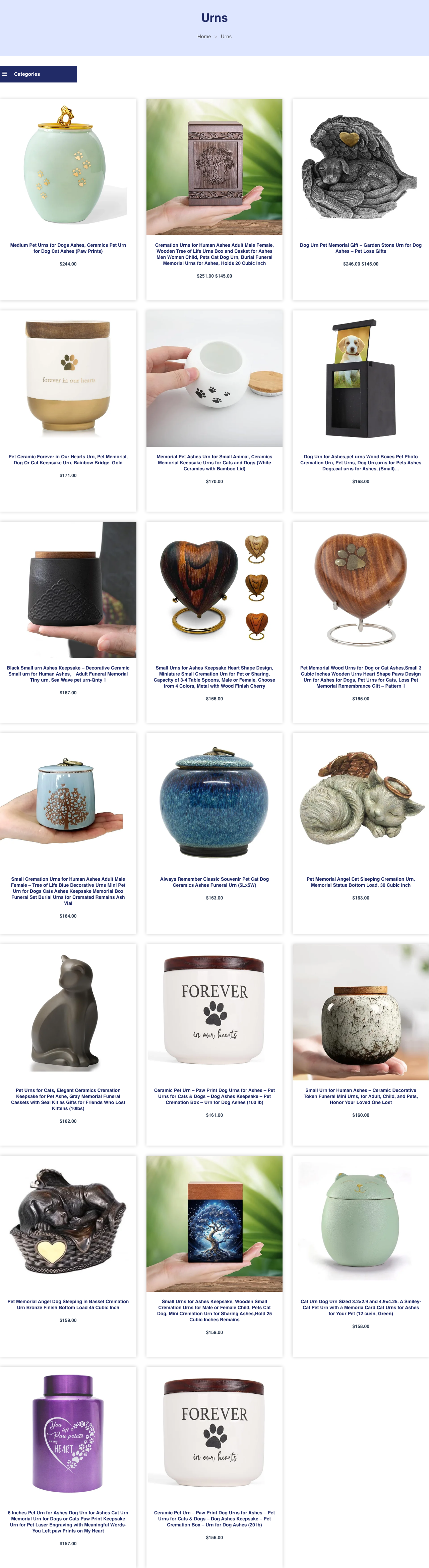 View-only catalog of pet cremation urn options